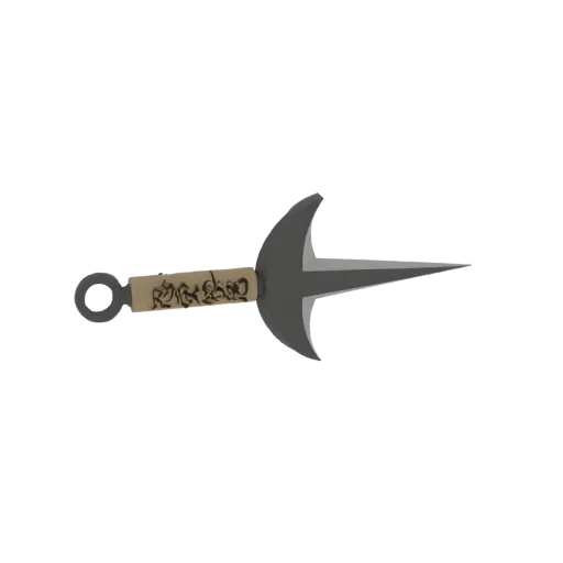 3D model of a Kunai throwing knife with a sharp blade and a tan wrapped handle, set against a white background.