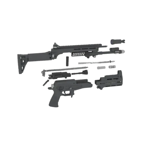 3D model of disassembled assault rifle components including stock, receiver, barrel, and handguard, laid out separately.