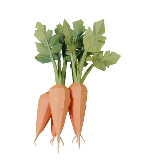 Garden Carrot Bunch Low Poly 3D model, game viewport three-quarter view, showing leaf veins, form detail.