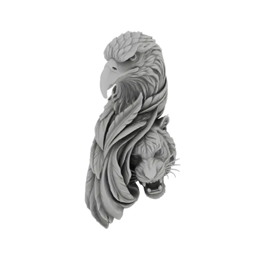 3D-Modell eines majestätischen Adlerkopfes, der mit einem wilden Tigergesicht verschmilzt, in Graustufen gerendert.