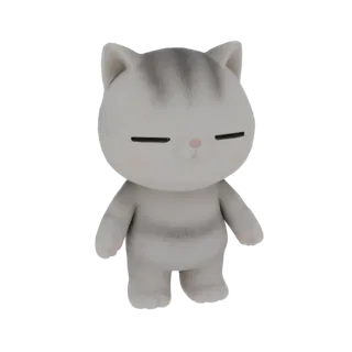 3D model render of a cute chibi gray tabby cat figurine with closed eyes and subtle stripes, standing on a white background.