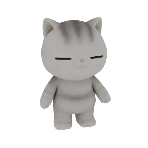 Rendering di un modello 3D di un simpatico gatto grigio tabby chibi con occhi chiusi e striature sottili, in piedi su sfondo