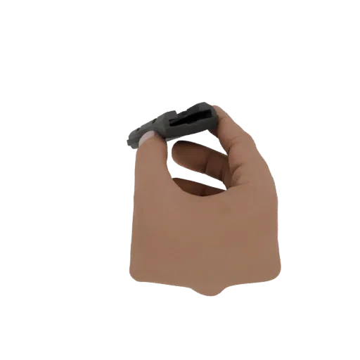 3D render of a human hand with realistic skin texture holding a small, black electronic component between the thumb and index