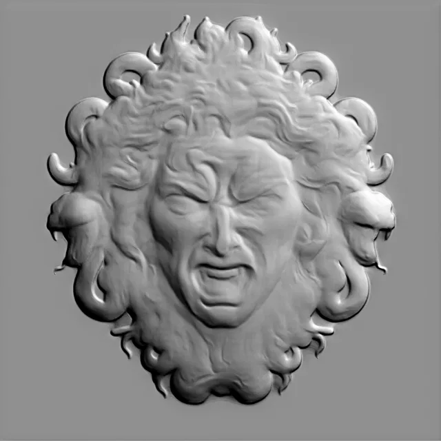3D model of Medusa Gorgon bas-relief with snake hair, in an ancient style, featuring an expressive face and detailed snakes.