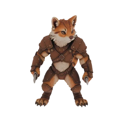 3D-Modell eines anthropomorphen Fuchs-Kriegers mit Lederpanzerung und Klauen, stehend auf weißem Hintergrund.