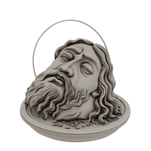 3D model render of the Head of Saint John the Baptist sculpture, with a halo and resting on a dish.