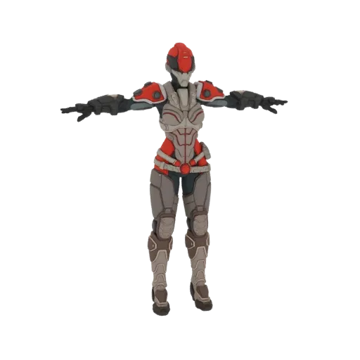 3D model of a female sci-fi warrior in full armor, standing in a T-pose against a black background.