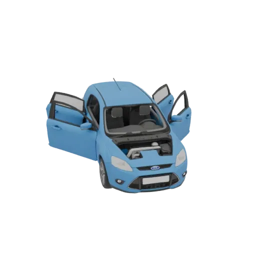 3D model of blue 2010 Ford Focus II Facelift with open doors and hood, front view