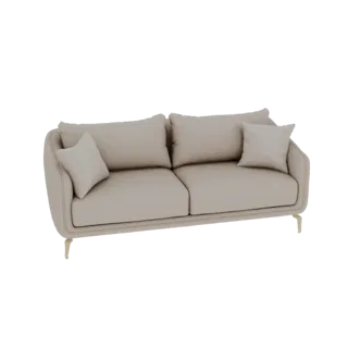 A 3D render of a modern beige sofa with two accent pillows, set against a black background.