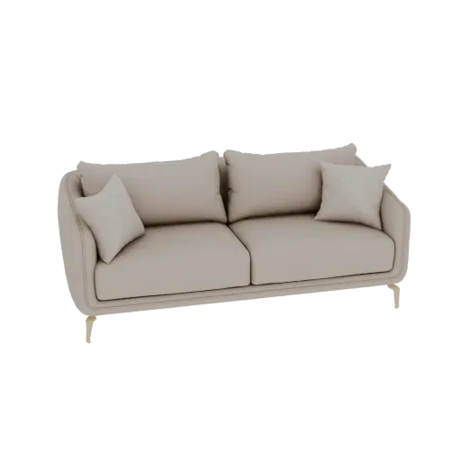 A 3D render of a modern beige sofa with two accent pillows, set against a black background.