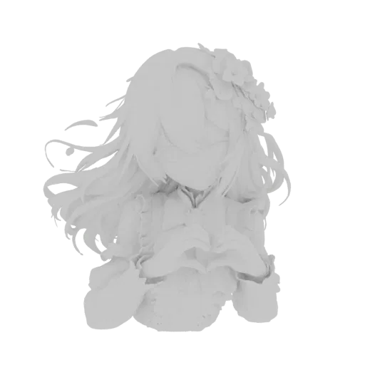 3D-Modell eines weißen Anime-Mädchens mit langen, fließenden Haaren und einem Blumenkranz, Hände vor der Brust verschränkt.