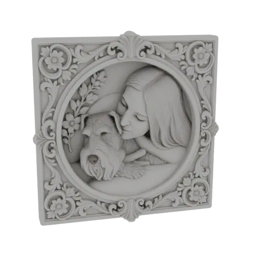 3D model of an ornate relief plaque showing a woman embracing a dog, with floral borders.
