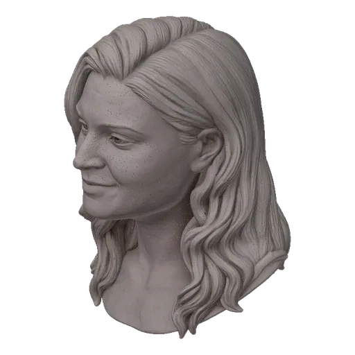 3D model of a clay bust of a woman with a gentle smile and detailed wavy hair, presented against a white background.