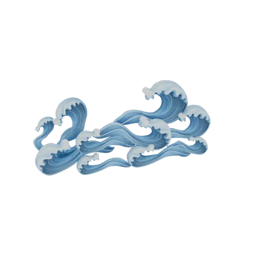 Un modello 3D di onde blu stilizzate dell'oceano con creste bianche spumose, disposte dinamicamente.