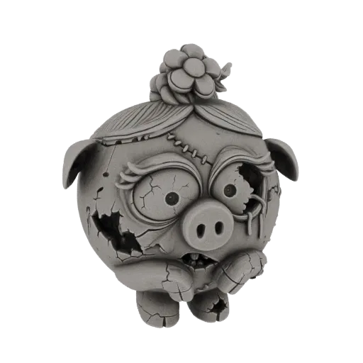 A 3D model of a grey, cracked zombie piggy bank with stitched details and a flower on its head, set against a black backgroun