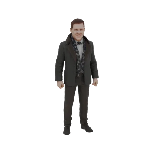 3D model of a man wearing a dark green coat, a patterned scarf, and a suit, standing against a black background.