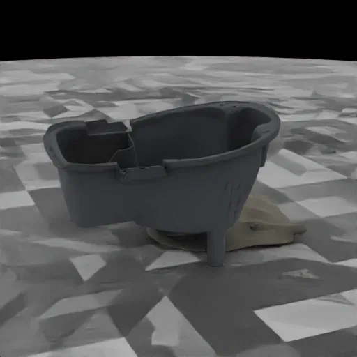 3D model of a modern grey bathtub with an integrated seat, shown from a slightly elevated side angle on a checkered surface.