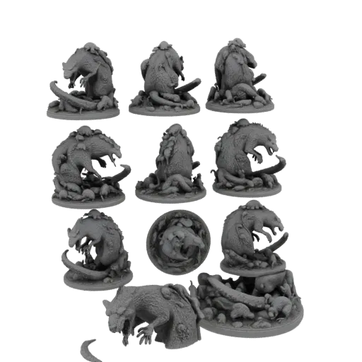 A detailed 3D render of a mutant rat swarm miniature, showing multiple rats fused together with sharp teeth and tails.