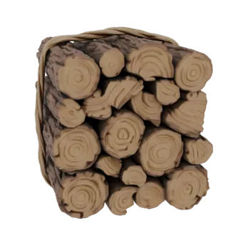 3D model of a bundle of rough-cut firewood logs tied together with a natural twine rope, isolated on a white background.