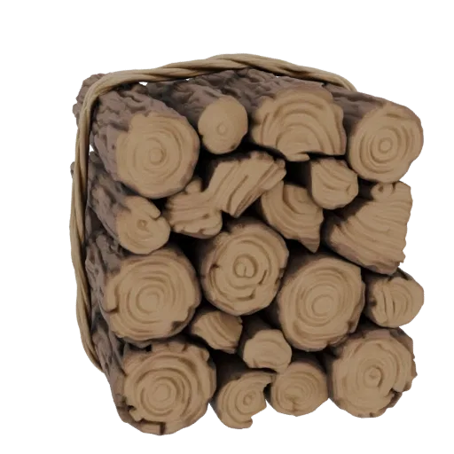 3D model of a bundle of rough-cut firewood logs tied together with a natural twine rope, isolated on a white background.