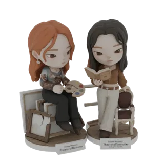 Modelo 3D de dos figuritas chibi, una artista con paleta y caballete, la otra lectora, sobre un fondo blanco.