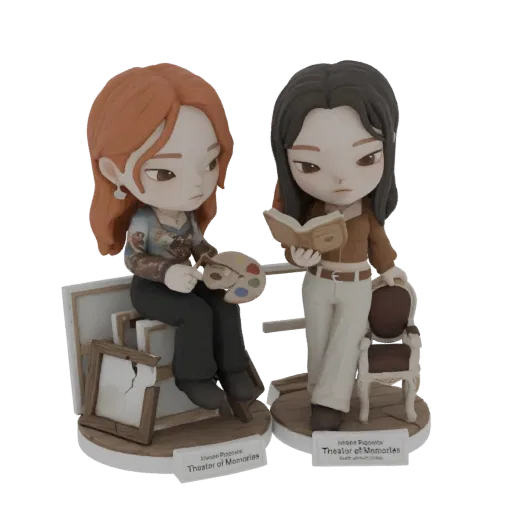 3D model of two chibi figurines, one an artist with a palette and easel, the other a reader, set against a white background.