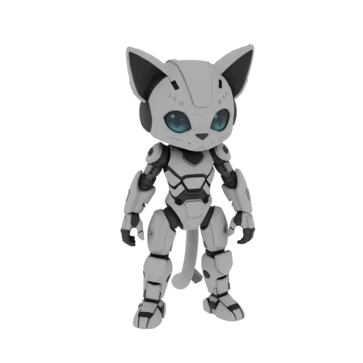 Un rendu 3D d'une figurine de chat robotique blanche et grise aux yeux bleus vifs, debout sur un fond blanc.