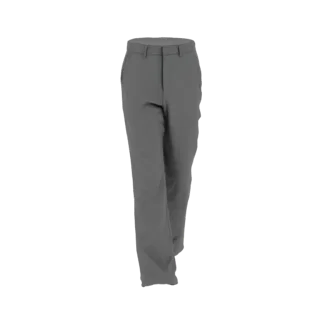 Un modello 3D realistico di pantaloni grigi classici, mostrato frontalmente.