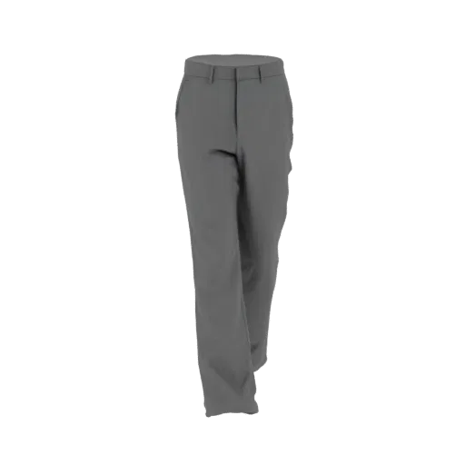 A realistic 3D model of classic grey trousers, shown from the front.