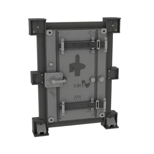 Industrial Locked Door Panel Printable 3D model, isometric STL render, showing metal hinges, form detail.