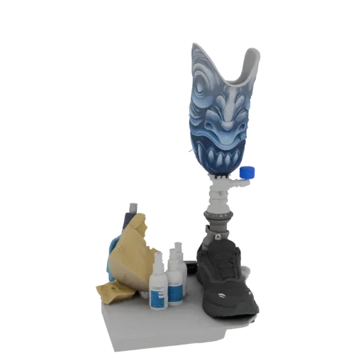 3D render of a prosthetic leg with a blue and grey samurai mask, a black shoe, and small bottles on a white base.