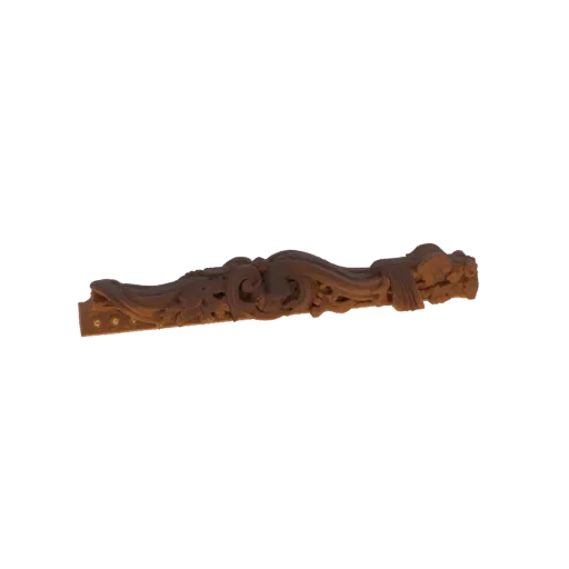 3D model of an ornate carved wood decorative panel with intricate floral and scrollwork designs, presented on a black backgro