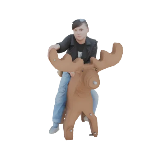 Rendering 3D di un dondolo alce in legno marrone con una persona seduta sopra.