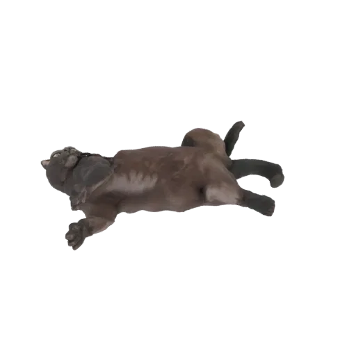 3D-Modell einer verspielten braunen Katze, die auf dem Rücken liegt, mit Pfoten in der Luft, vor weißem Hintergrund.