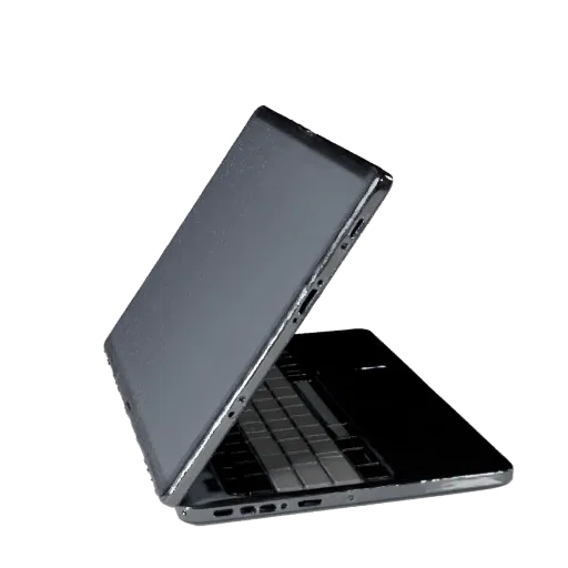 Gaming Tablet Computer Realistic 3D model, three-quarter studio render, showing brushed metal, open lid angle.