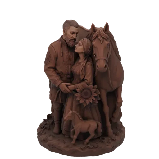3D model of a Ukrainian couple in traditional clothing, embracing with a horse and foal nearby, rendered in a warm brown tone