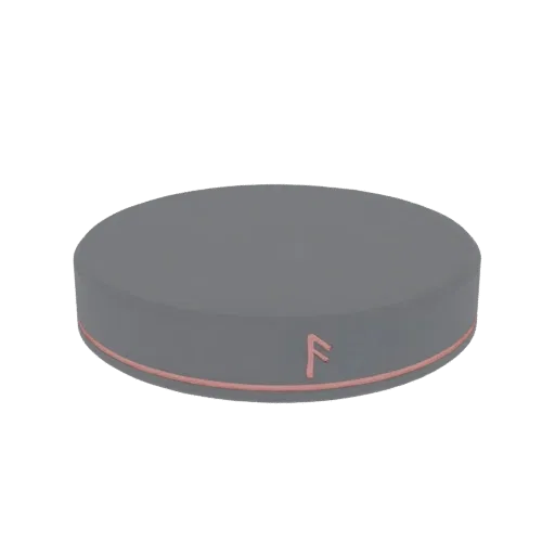 3D-Render eines runden grauen Behälters mit einem Roségold-Akzentband und einem einzelnen Runensymbol an der Seite.