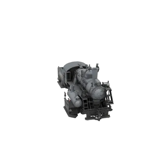 3D model of a grey steam locomotive with a tender, viewed from a slightly elevated front angle.