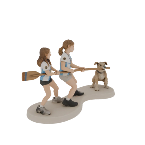 Two Girls and Dog Tug-of-War Miniature
