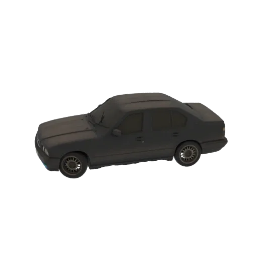 3D model of a dark sedan with detailed alloy wheels, viewed from a side-angle.