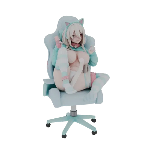 3D model of a Neko girl with cat ears and tail, sitting on a pastel blue gamer chair, wearing striped thigh-high socks.