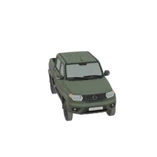 Modelo 3D de uma pickup UAZ Patriot em verde militar, mostrado de um ângulo frontal de três quartos.