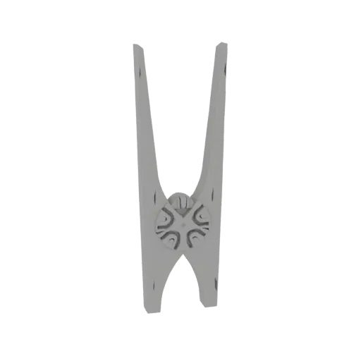 3D model of a stylized V-shaped bracket with a detailed circular pattern in the center, set against a black background.