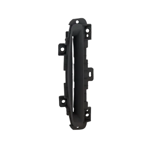 3D model of a black automotive front bumper grille trim with mounting tabs, viewed from the side.