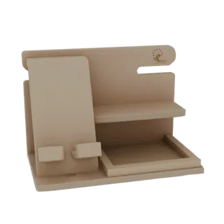 3D model of a minimalist wooden desk organizer with a phone stand, shelf, and tray, showcasing clean lines and natural wood t
