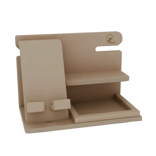3D model of a minimalist wooden desk organizer with a phone stand, shelf, and tray, showcasing clean lines and natural wood t
