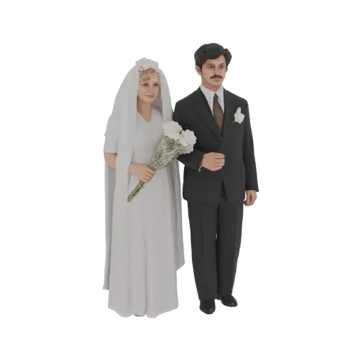 Modelo 3D de casal de noivos vintage, noiva de vestido branco e véu, noivo de terno escuro, segurando flores.
