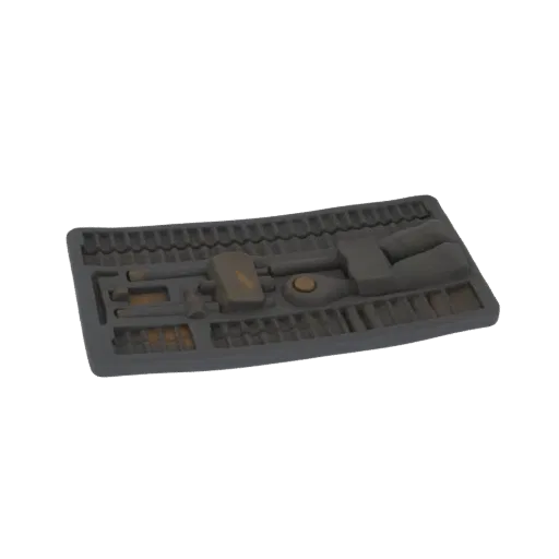 3D model of a vintage tool tray filled with various aged metallic hand tools, presented on a white background.
