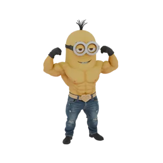 Modelo 3D de um personagem Minion musculoso flexionando seus bíceps, vestindo jeans e luvas pretas, com fundo branco.