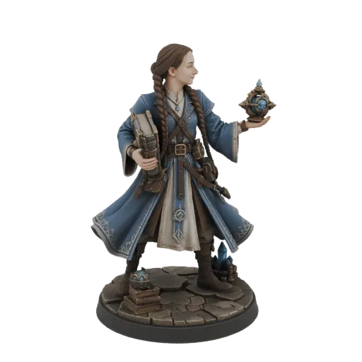 3D model of a female scholar with braided hair, wearing a blue robe, holding a book and an orb.